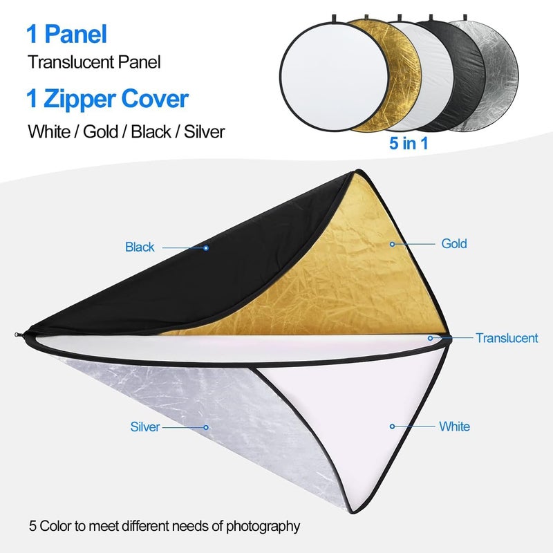 EMART 24'' (60cm) 5 in 1 Photo Collapsible Photography Reflector with Bag - Portable Camera Panel for Studio Video,Outdoor Lighting, Indoor Shooting, Portraint -Translucent, White, Silver, Gold, Black - Image 3